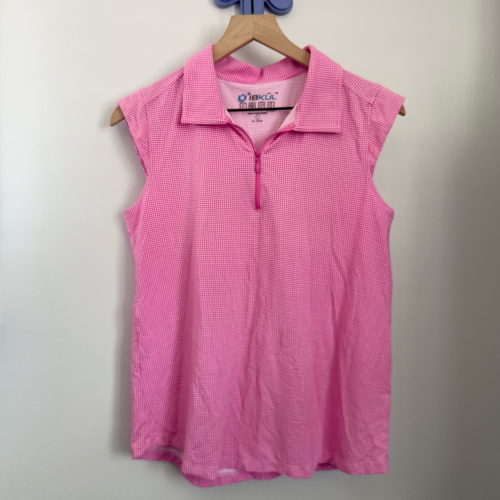 Ibkul Large Sleeveless Pink Checker Gingham 1/4 Zip Top Golf Preppy Outdoor